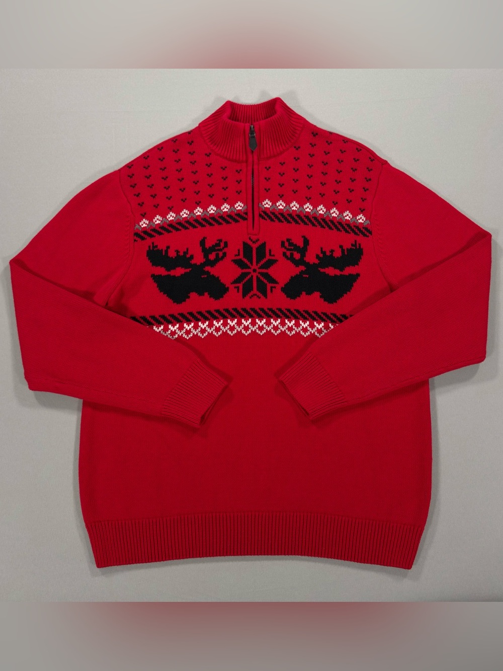 Chaps Mens Sweater Large Red 1/4 Zip Fair Isle Moose Snowflake Christmas Holiday